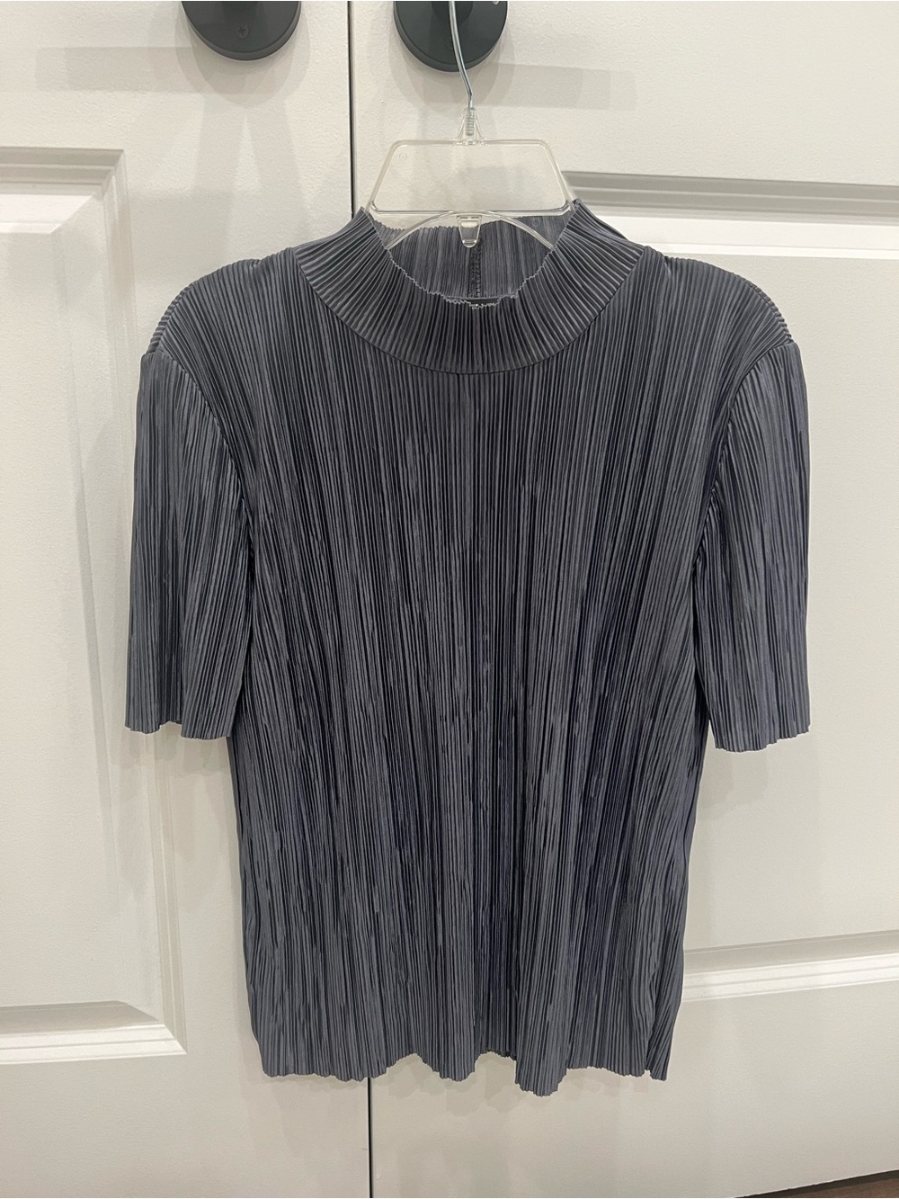 Zara Blue Pleated Mock Neck Short Sleeve Top